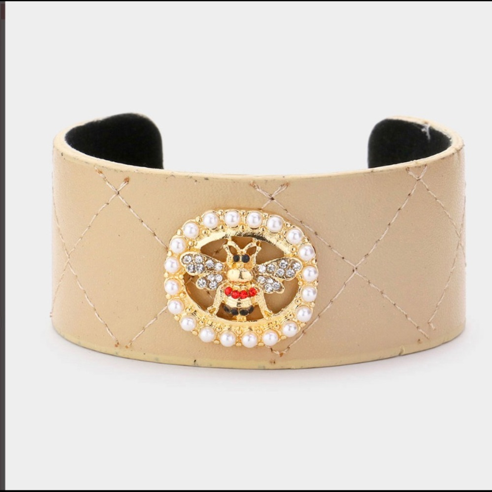 Tan Pearl Rhinestone Honeybee accent faux leather cuff bracelet